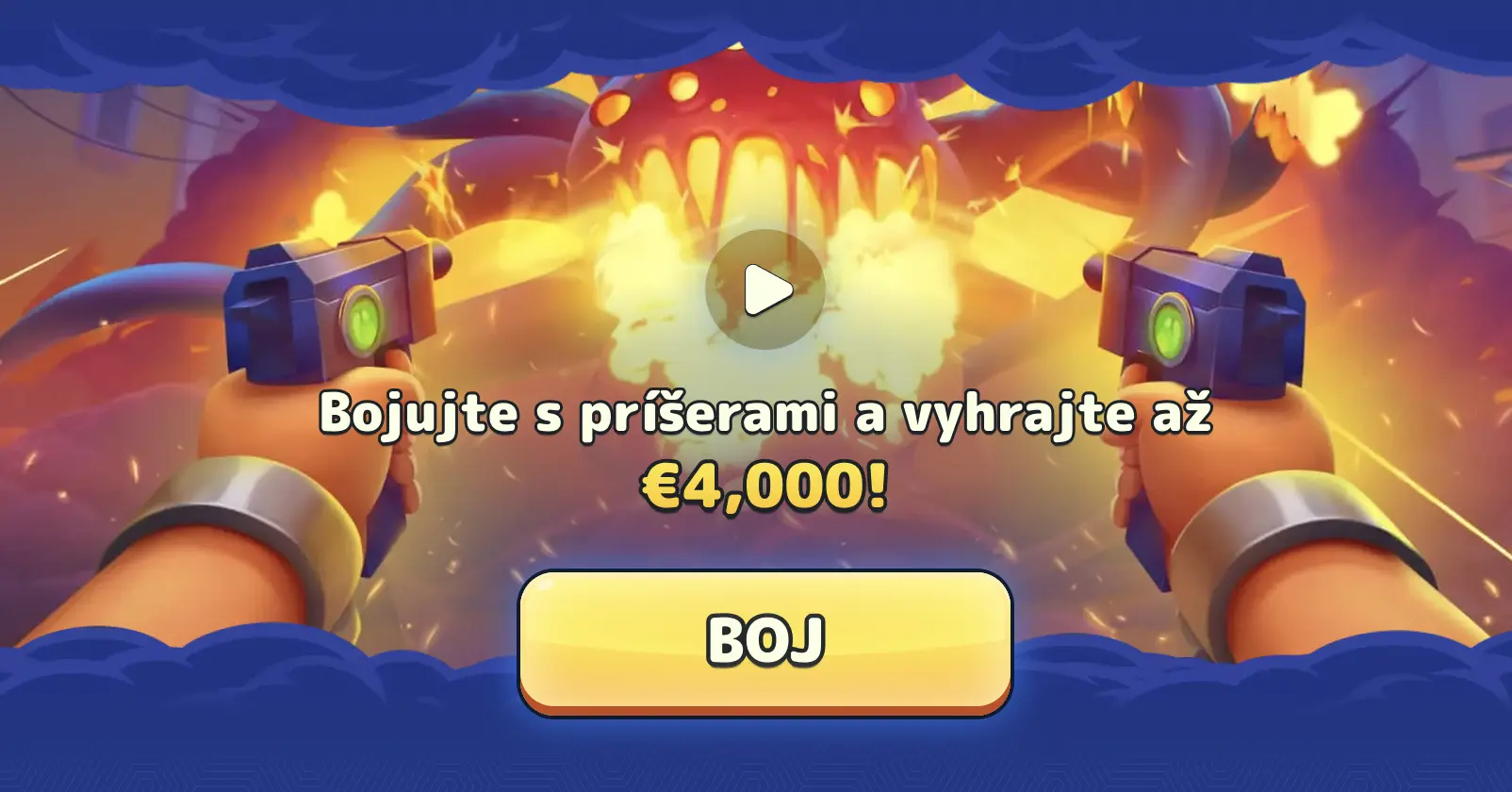 Hráč so zbraňami čelí obrovskej príšere uprostred výbuchu – promo akcia s výhrou až 4 000 €.